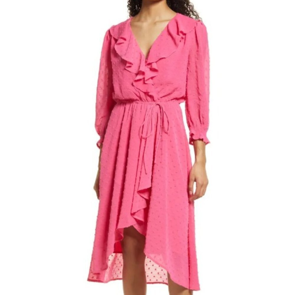 Fraiche By J Women's Faux Wrap Asymmetrical Hem Ruffle Dot Dress - S